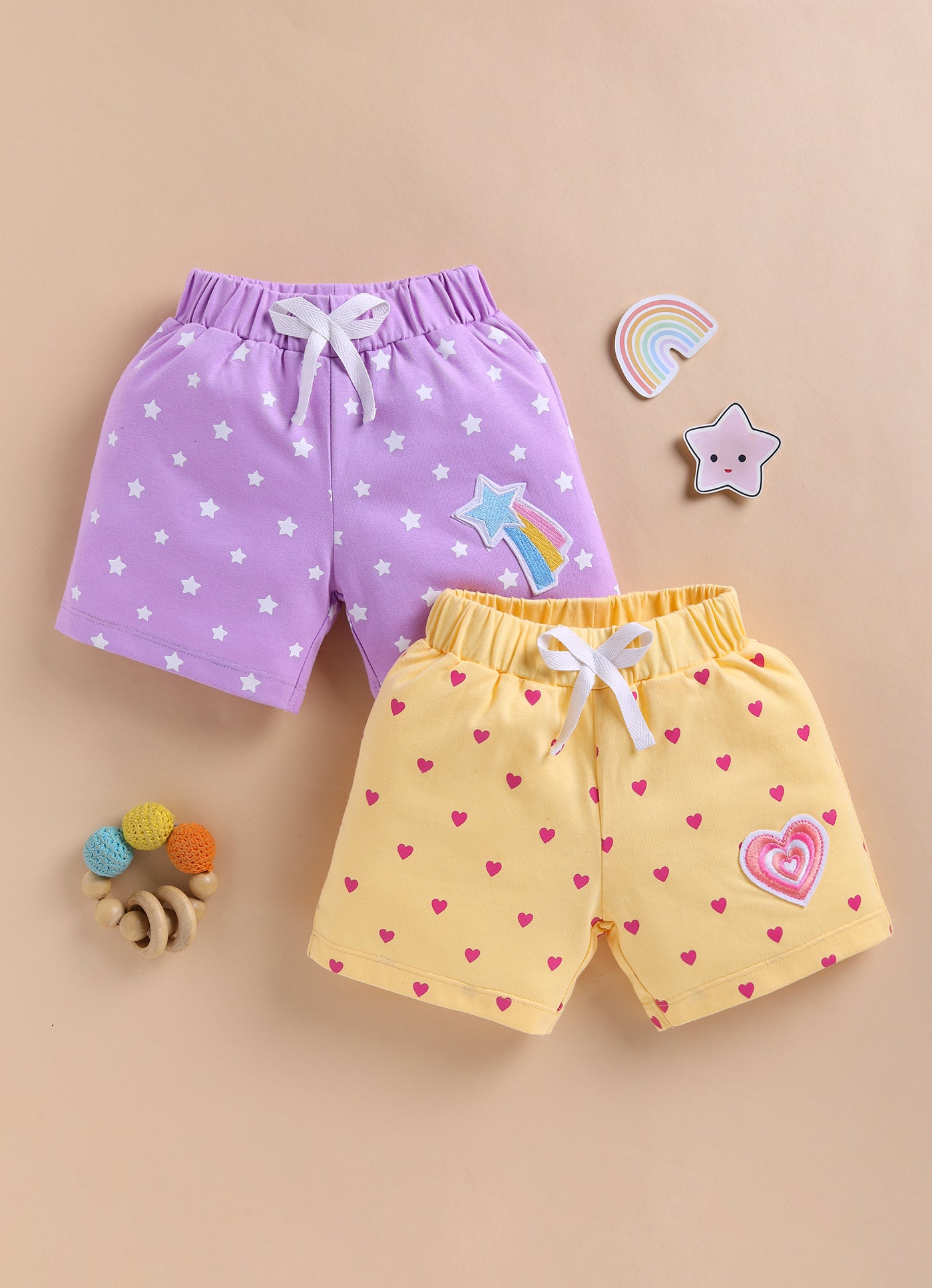 BUMZEE Yellow & Lavender Girls Shorts Pack Of 2
