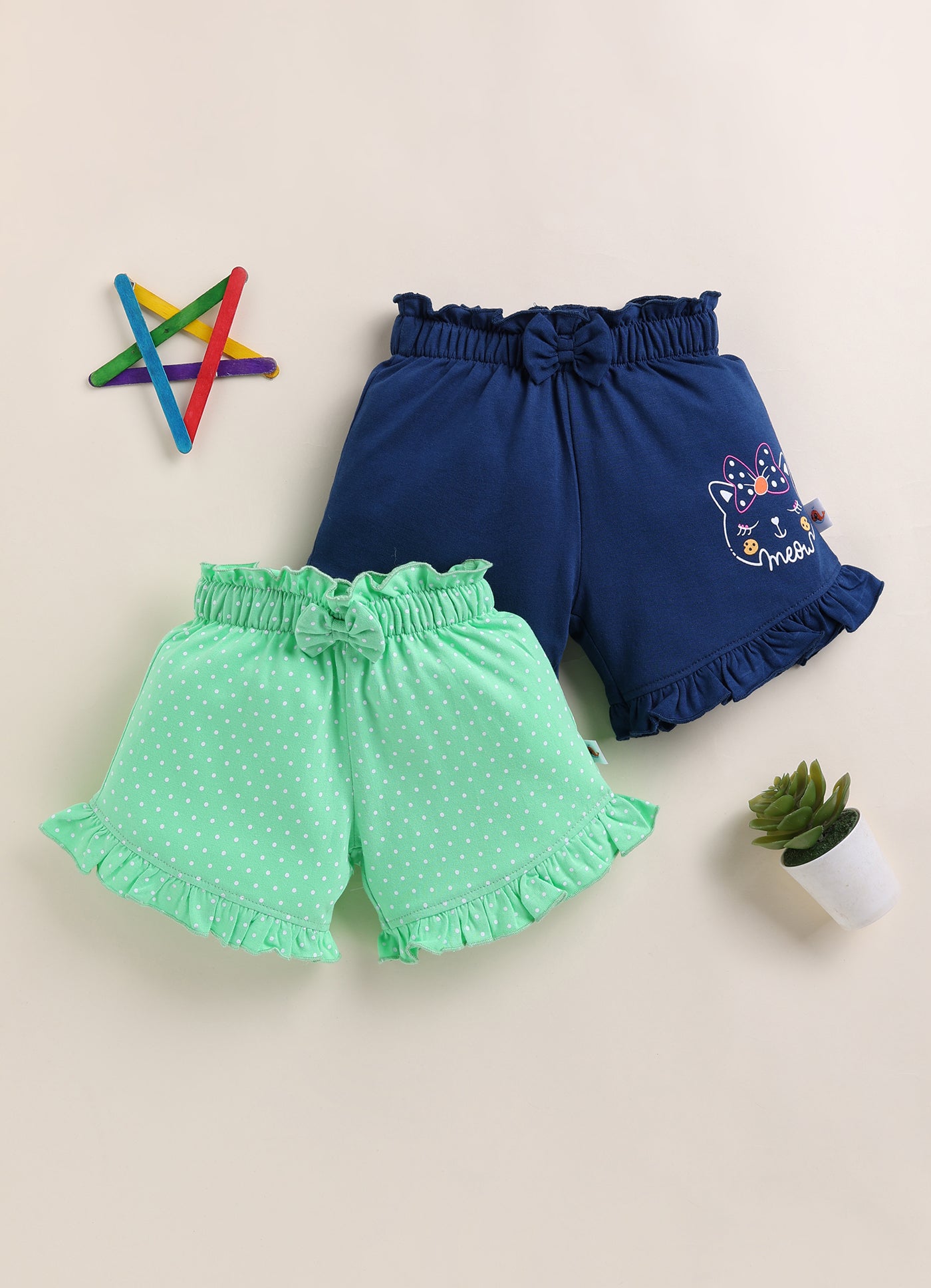 BUMZEE Green & Navy Girls Shorts Pack Of 2