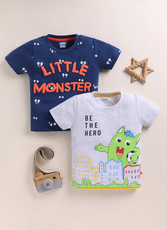 BUMZEE Grey & Teal Boys Half Sleeves Cotton T-Shirts Pack Of 2