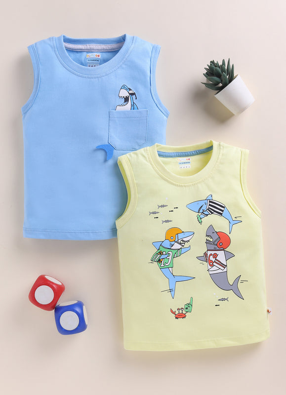 BUMZEE Yellow & Sky Blue Boys Sleeveless Cotton T-Shirts Pack Of 2