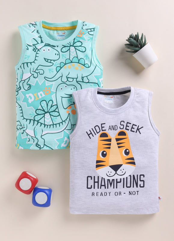 BUMZEE Grey & Mint Green Boys Sleeveless Cotton T-Shirts Pack Of 2