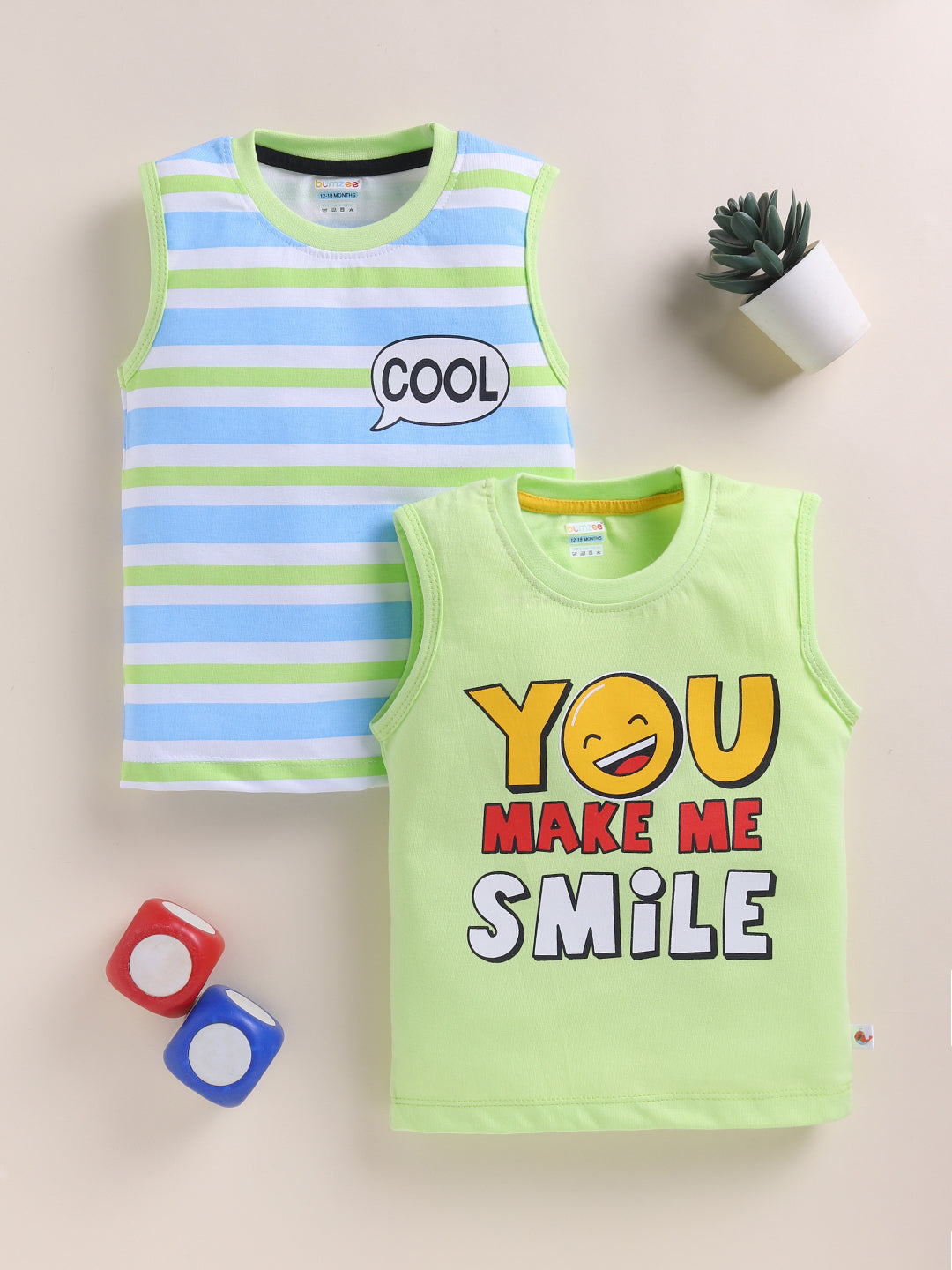 BUMZEE Green & Multi Boys Sleeveless Cotton T-Shirts Pack Of 2