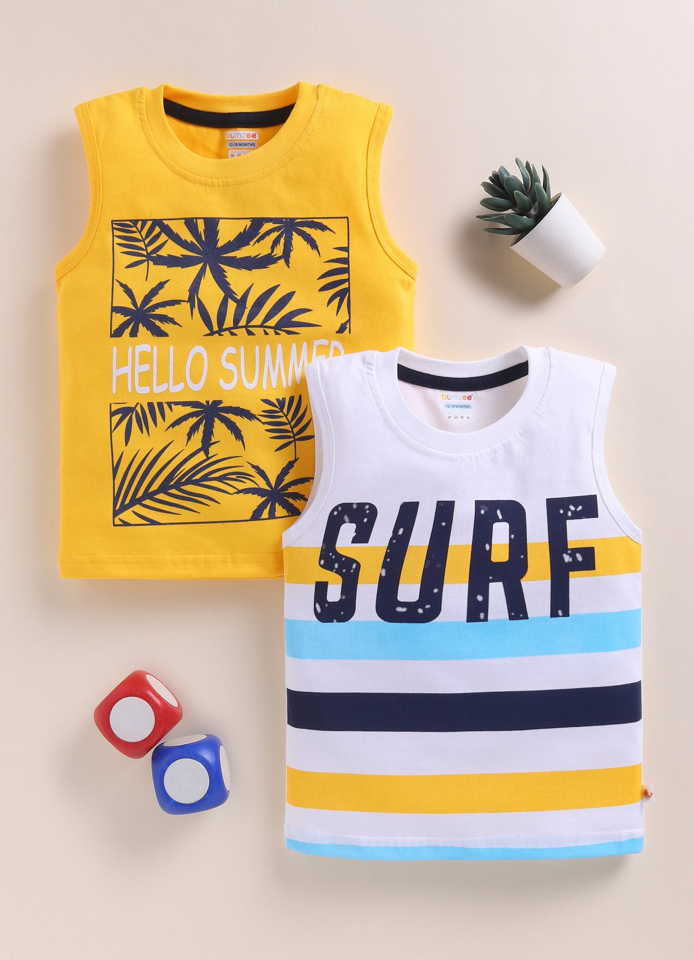BUMZEE Yellow & White Boys Sleeveless Cotton T-Shirts Pack Of 2