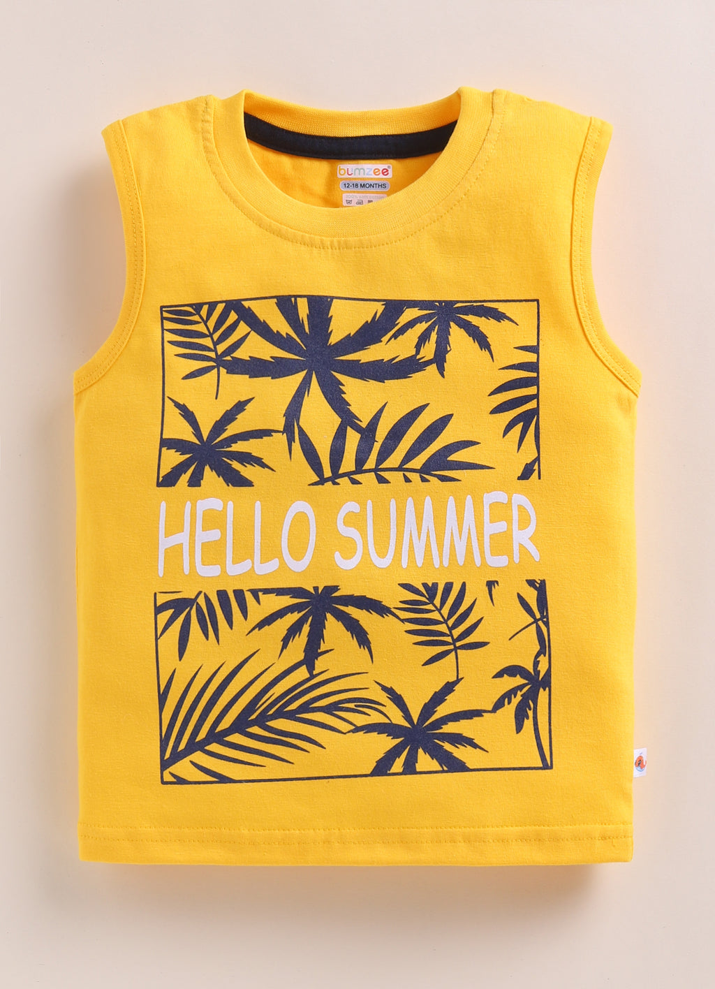 Bumzee Yellow & White Graphic Print T-Shirt, Pack of 2, Sleeveless, 100% Cotton
