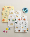 Bumzee White & Yellow Animal Print Muslin Jabla, Pack of 3, Sleeveless (Style Peb11522)