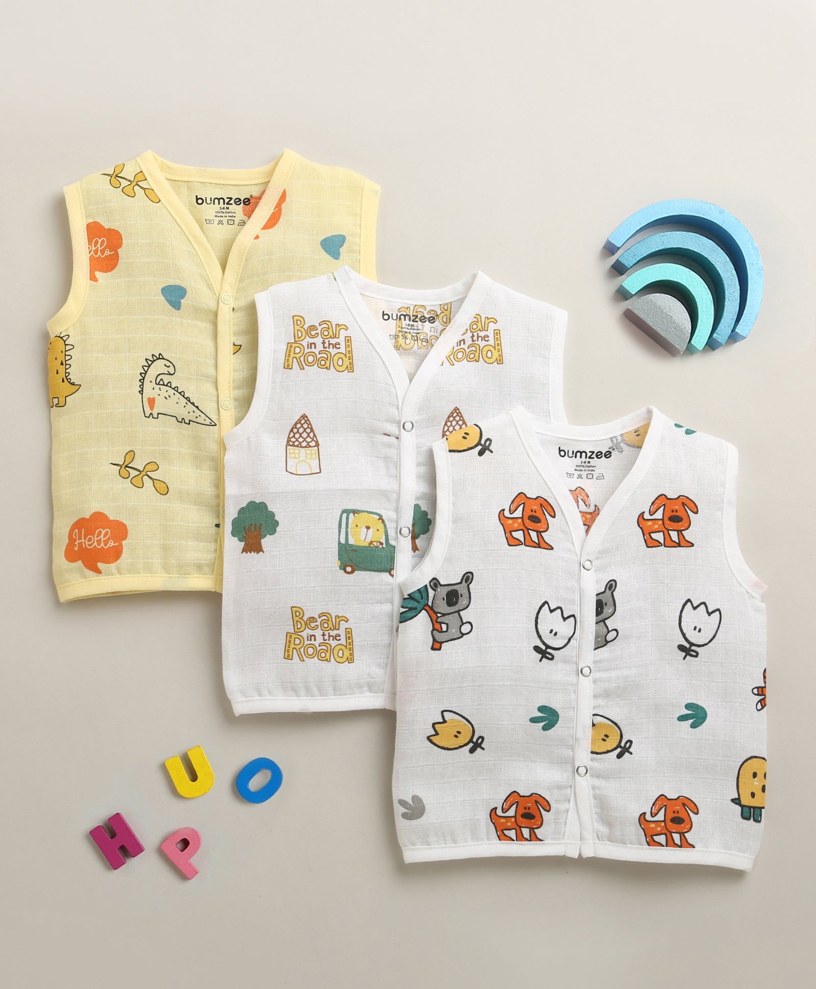 Boys Sleeveless Pure Cotton Muslin Jabla White & Yellow Pack of 3