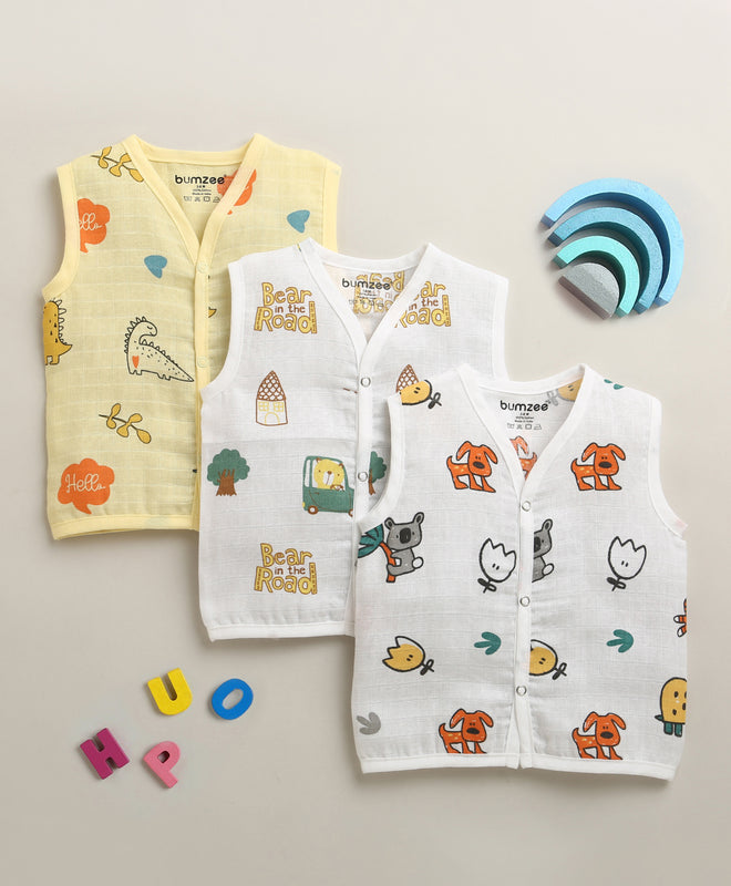 Boys Sleeveless Pure Cotton Muslin Jabla White & Yellow Pack of 3