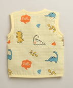 Bumzee White & Yellow Animal Print Muslin Jabla, Pack of 3, Sleeveless (Style Peb11522)