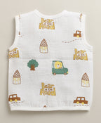 Bumzee White & Yellow Animal Print Muslin Jabla, Pack of 3, Sleeveless (Style Peb11522)