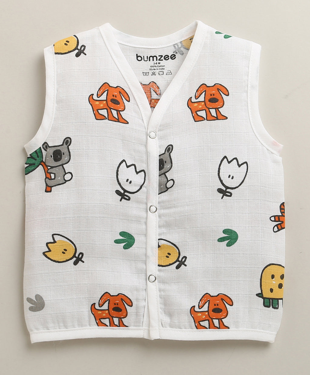 Bumzee White & Yellow Animal Print Muslin Jabla, Pack of 3, Sleeveless (Style Peb11522)