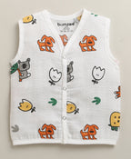 Bumzee White & Yellow Animal Print Muslin Jabla, Pack of 3, Sleeveless (Style Peb11522)