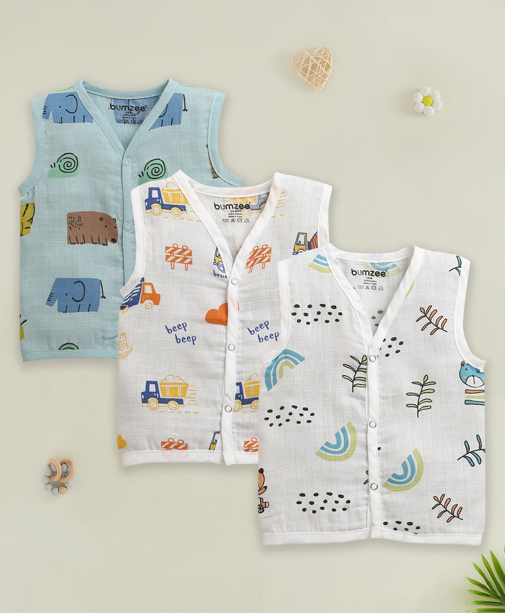Blue & White Animal Print Muslin Jabla, Pack of 3, Sleeveless
