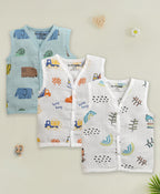 Blue & White Animal Print Muslin Jabla, Pack of 3, Sleeveless