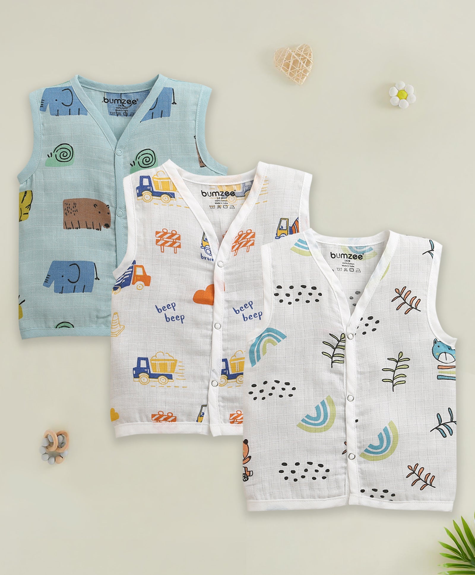 Boys Sleeveless Pure Cotton Muslin Jabla Blue & White Pack of 3