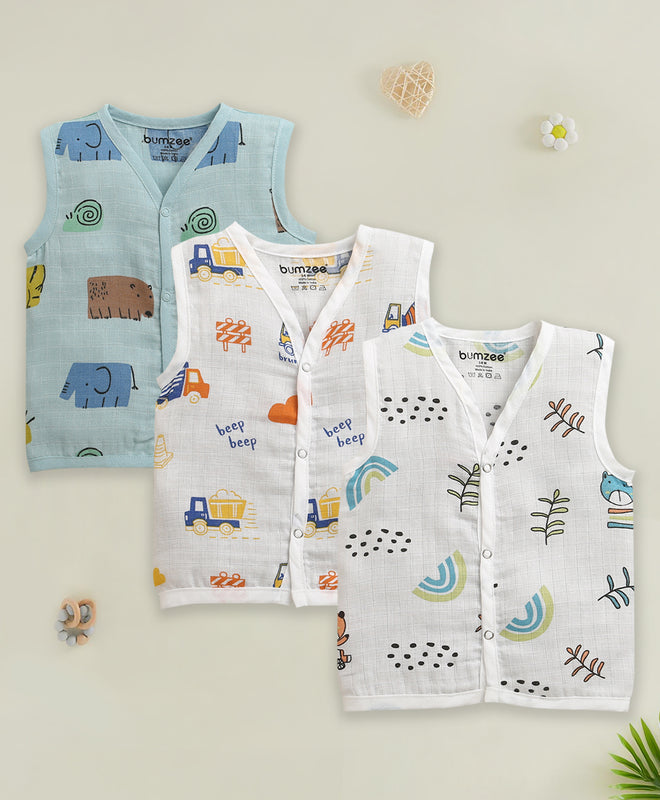 Boys Sleeveless Pure Cotton Muslin Jabla Blue & White Pack of 3