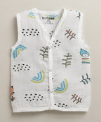 Blue & White Animal Print Muslin Jabla, Pack of 3, Sleeveless