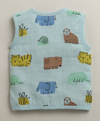Blue & White Animal Print Muslin Jabla, Pack of 3, Sleeveless