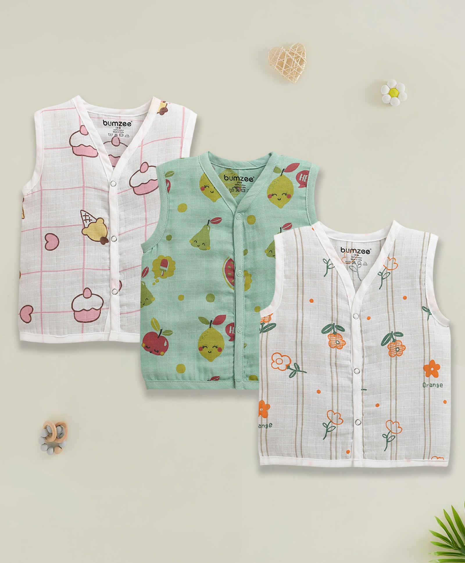 Girls Sleeveless Pure Cotton Muslin Jabla White & Green Pack of 3