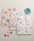 Bumzee White & Pink Animal Print Muslin Jabla, Pack of 3, Sleeveless