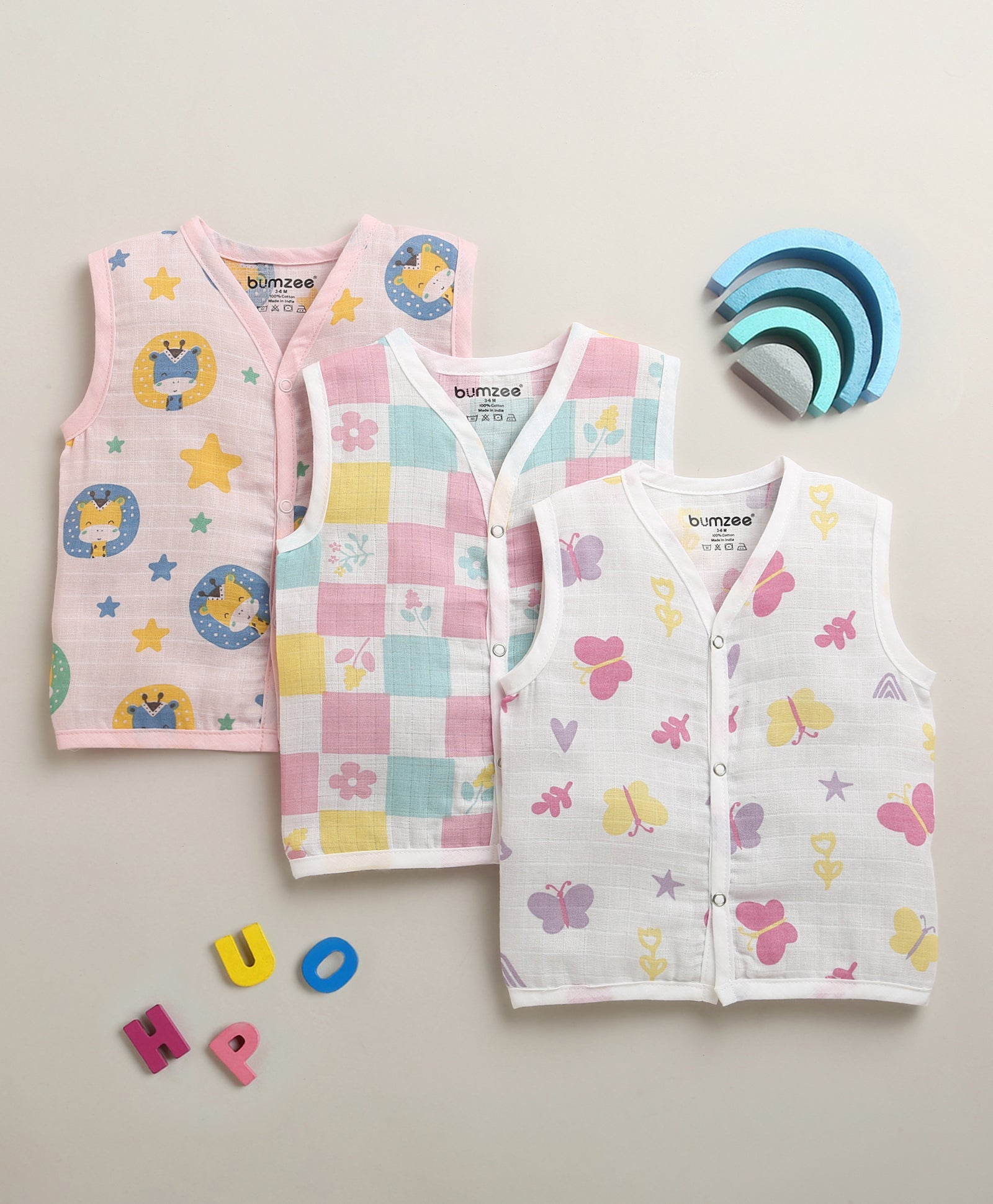 Girls Sleeveless Pure Cotton Muslin Jabla White & Pink Pack of 3