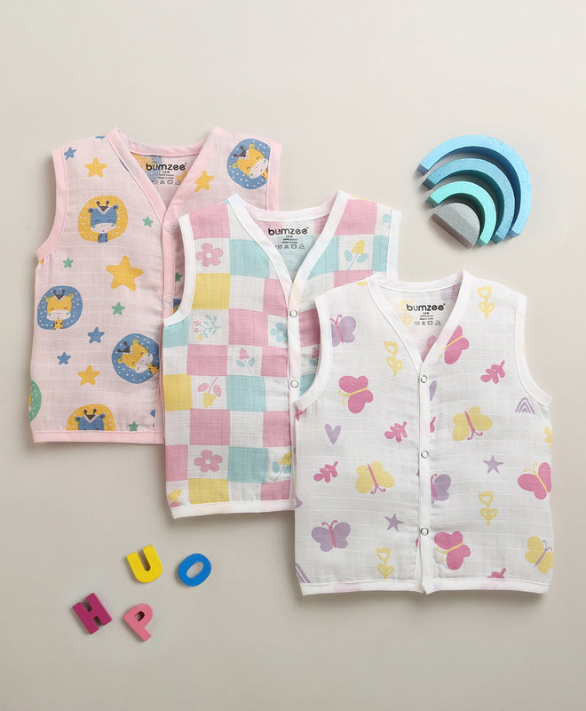 Girls Sleeveless Pure Cotton Muslin Jabla White & Pink Pack of 3