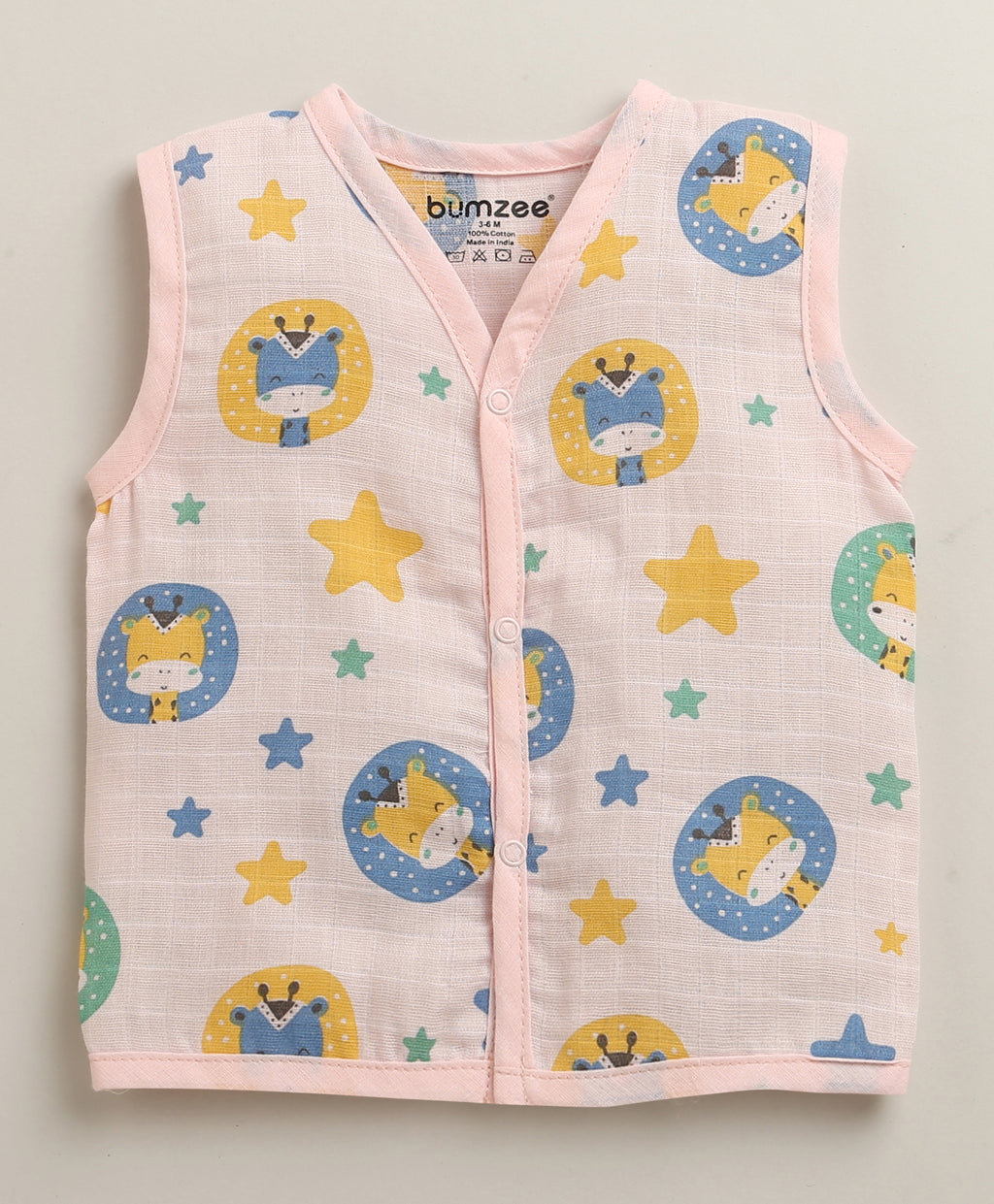 Bumzee White & Pink Animal Print Muslin Jabla, Pack of 3, Sleeveless