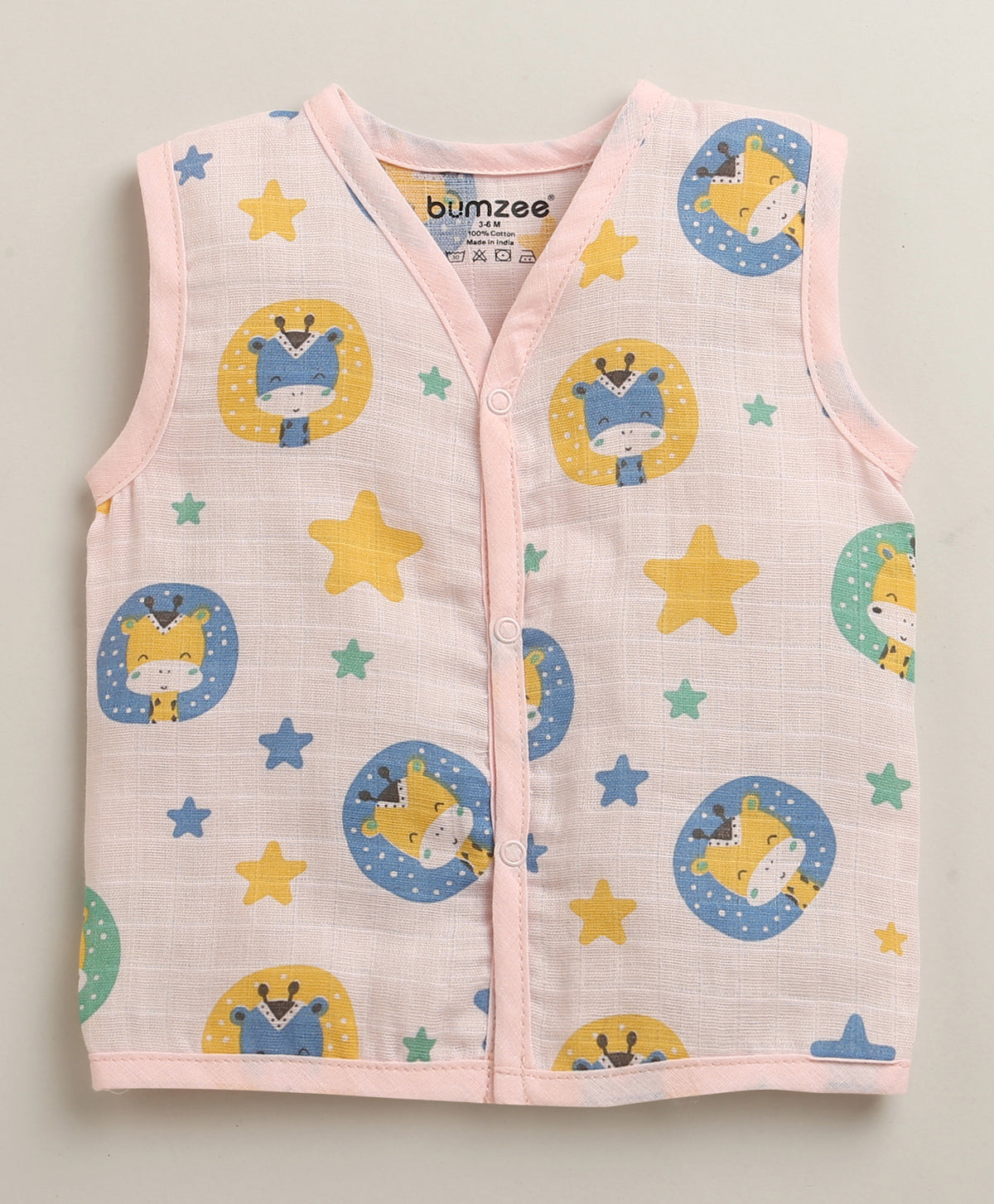 Bumzee White & Pink Animal Print Muslin Jabla, Pack of 3, Sleeveless