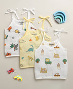 Bumzee White & Yellow Animal Print Muslin Jabla, Pack of 3, Sleeveless (Style Peb11526)
