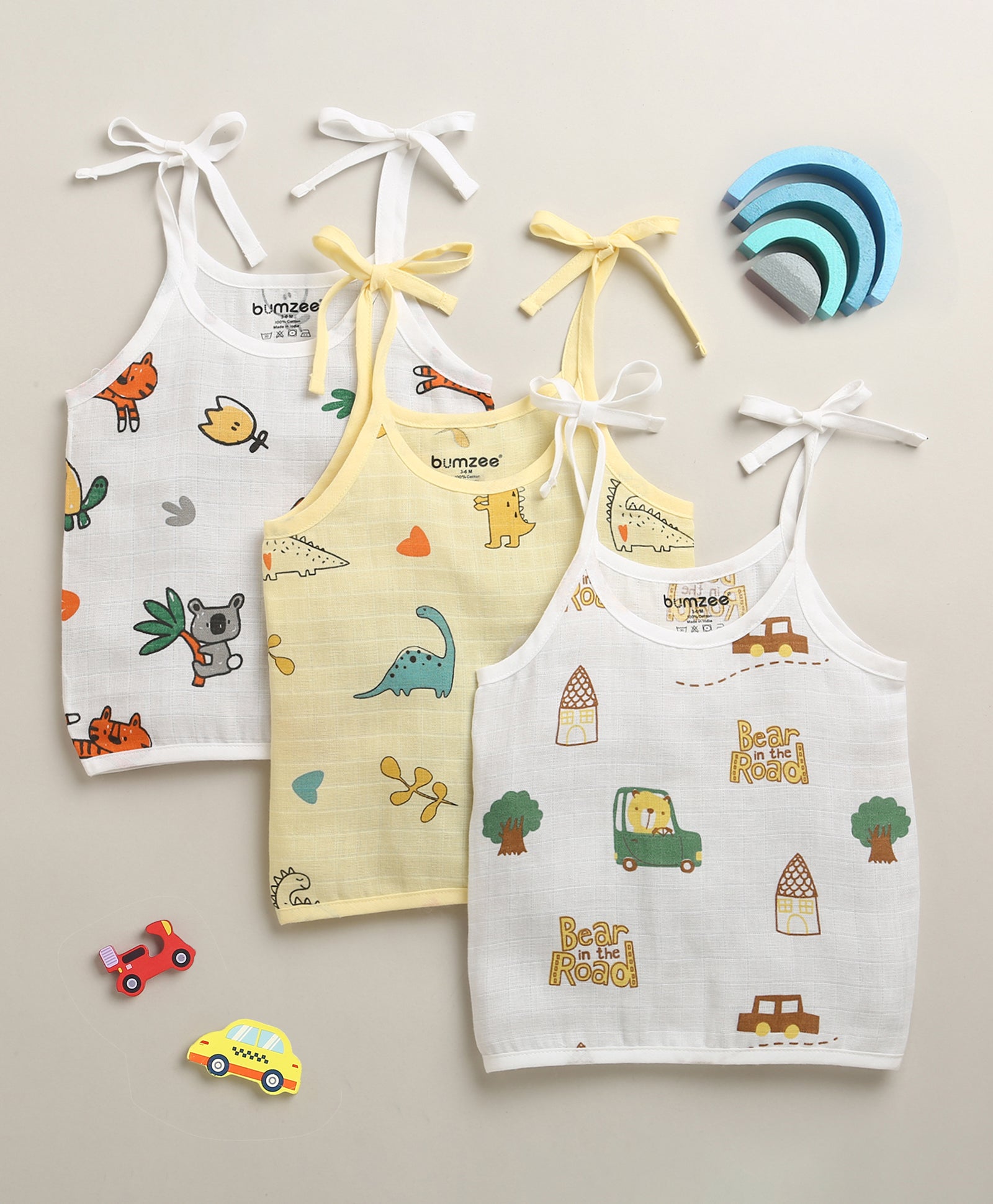 Boys Sleeveless Pure Cotton Muslin Knot Jabla White & Yellow Pack of 3