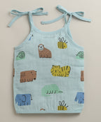 Bumzee Blue & White Animal Print Muslin Jabla, Pack of 3, Sleeveless (Style Peb11527)