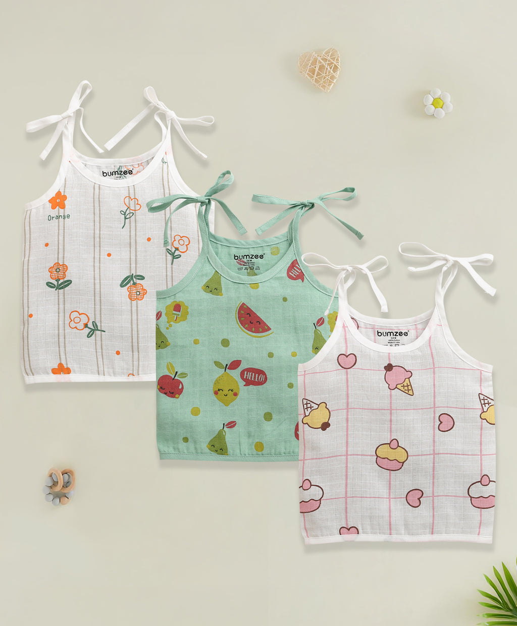 Bumzee White & Green Graphic Print Muslin Jabla, Pack of 3, Sleeveless (Style Peb11528)