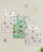 Bumzee White & Green Graphic Print Muslin Jabla, Pack of 3, Sleeveless (Style Peb11528)