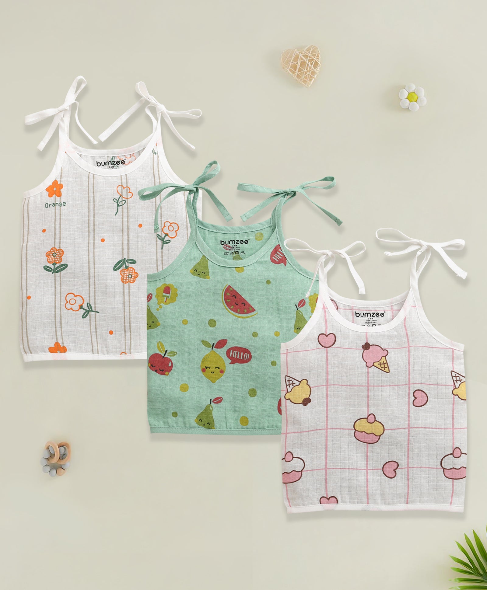 Girls Sleeveless Pure Cotton Muslin Knot Jabla White & Green Pack of 3