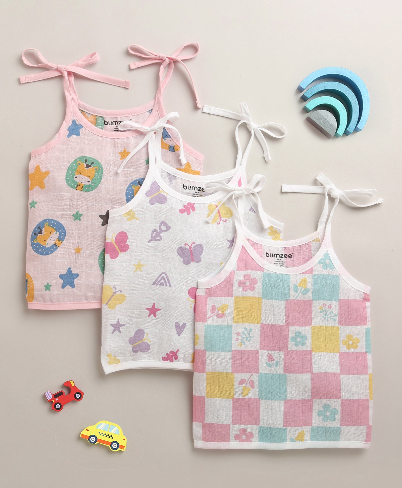 Girls Sleeveless Pure Cotton Muslin Knot Jabla Pink & White Pack of 3