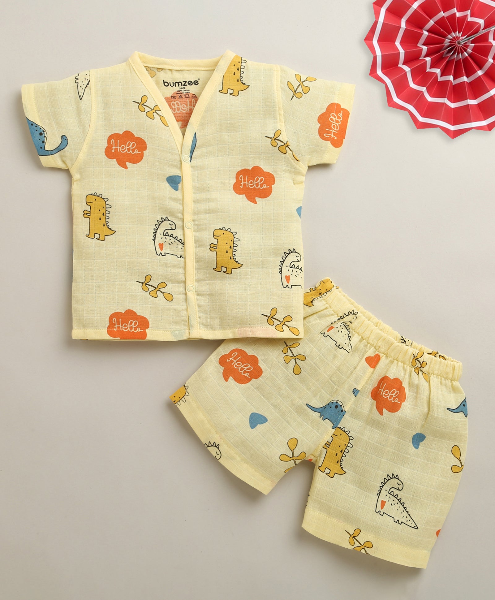 Yellow Baby Boys Half Sleeves Pure Cotton Muslin Jabla & Short Set