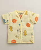 Bumzee Yellow Animal Print Muslin Jabla & Short Set, Half Sleeves, Cotton Muslin
