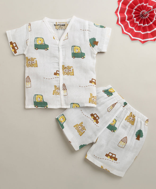 White Baby Boys Half Sleeves Pure Cotton Muslin Jabla & Short Set