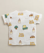 Bumzee White Animal Print Muslin Jabla & Short Set, Half Sleeves, Cotton Muslin (Style Peb11531)