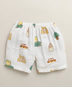 Bumzee White Animal Print Muslin Jabla & Short Set, Half Sleeves, Cotton Muslin (Style Peb11531)