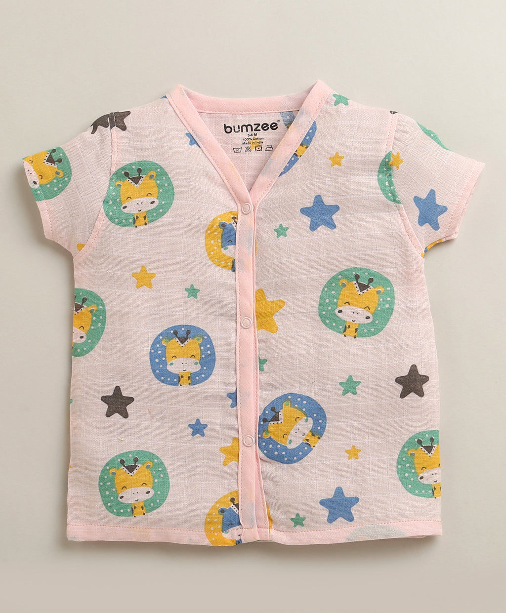 Bumzee Pink Animal Print Muslin Jabla & Short Set, Half Sleeves, Cotton Muslin