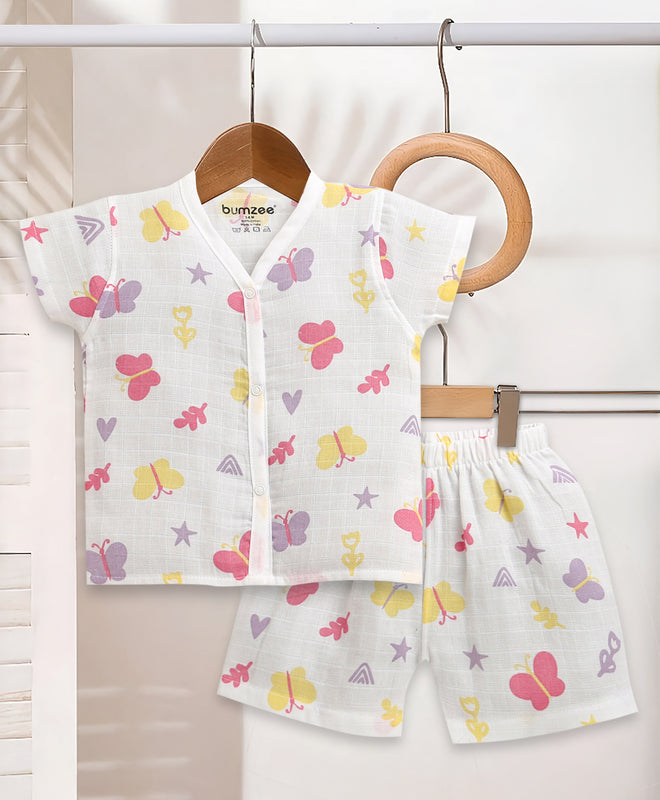 White Baby Girls Half Sleeves Pure Cotton Muslin Jabla & Short Set