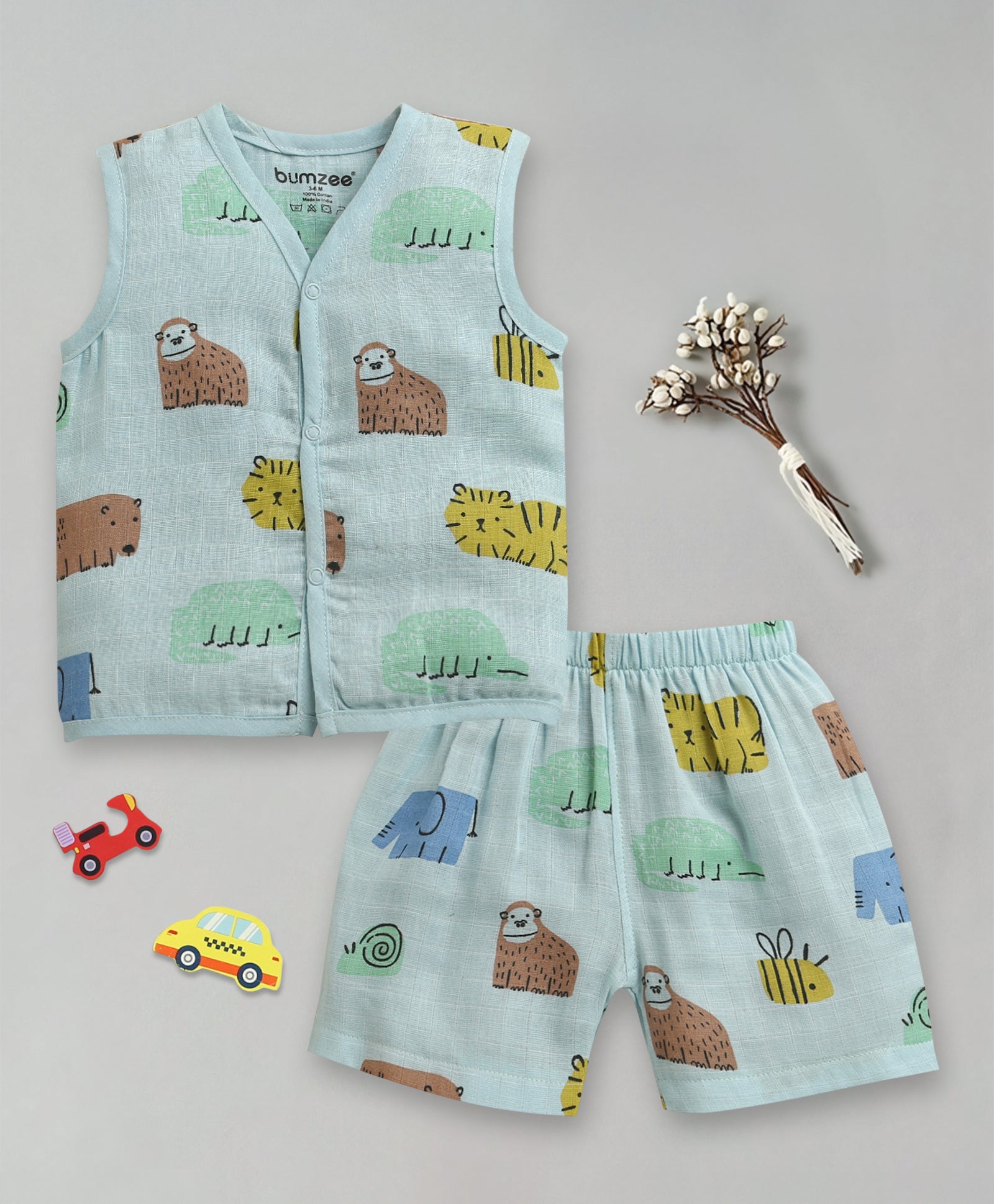 Blue Baby Boys Sleeveless Pure Cotton Muslin Jabla & Short Set