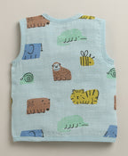 Bumzee Blue Animal Print Muslin Jabla & Short Set, Sleeveless, Cotton Muslin