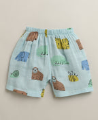 Bumzee Blue Animal Print Muslin Jabla & Short Set, Sleeveless, Cotton Muslin