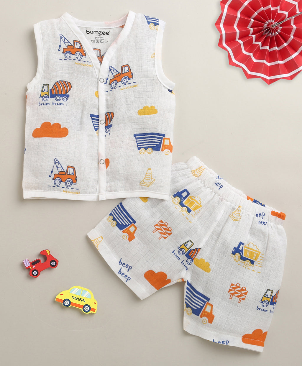 Bumzee White Graphic Print Muslin Jabla & Short Set, Sleeveless, Cotton Muslin (Style Peb11537)