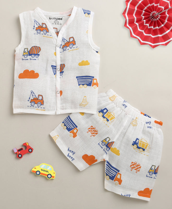 White Baby Boys Sleeveless Pure Cotton Muslin Jabla & Short Set