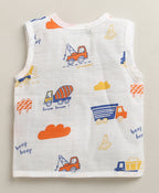 Bumzee White Graphic Print Muslin Jabla & Short Set, Sleeveless, Cotton Muslin (Style Peb11537)