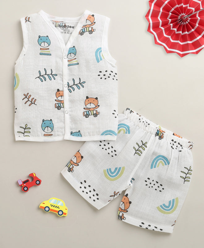 White Baby Boys Sleeveless Pure Cotton Muslin Jabla & Short Set