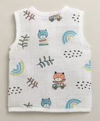 Bumzee White Animal Print Muslin Jabla & Short Set, Sleeveless, Cotton Muslin