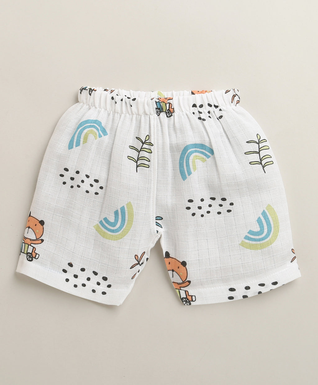 Bumzee White Animal Print Muslin Jabla & Short Set, Sleeveless, Cotton Muslin